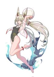  1girl animal_ears ball beachball black_leotard breasts cat_ears chest_jewel facial_mark grey_hair hehe_jun highres leotard long_hair low_twintails nia_(blade)_(xenoblade) nia_(xenoblade) one-piece_swimsuit open_clothes open_shirt see-through see-through_shirt shirt small_breasts solo swimsuit twintails very_long_hair xenoblade_chronicles_(series) xenoblade_chronicles_2 yellow_eyes 