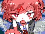  1girl absurdres blazer blue_background blush_stickers check_copyright collared_jacket collared_shirt copyright_request doki_doki_literature_club fang flipnote_studio_(medium) furrowed_brow grey_jacket hair_ribbon highres jacket kitaguchi_(yagikanshi) lapels layered_sleeves long_sleeves natsuki_(doki_doki_literature_club) neck_ribbon notched_lapels open_mouth pink_eyes pink_hair pointing pointing_at_viewer red_ribbon ribbon school_uniform shirt short_hair simple_background solo straight-on sweatdrop tress_ribbon two_side_up upper_body vest white_shirt yellow_vest 