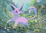  animal_focus bright_pupils closed_mouth commentary espeon falling_petals flower forehead_jewel full_body grass highres lily_pad looking_back no_humans outdoors petals pokemon pokemon_(creature) solo symbol-only_commentary violet_eyes volpecorvo white_flower white_pupils 