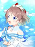  1girl bare_shoulders blue_eyes blush brown_hair earrings fish frills highres jewelry looking_at_viewer love_live! love_live!_sunshine!! mf_ll_panayoh open_mouth short_hair smile tiara watanabe_you water 