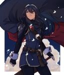  1girl absurdres armor blue_cape blue_eyes blue_gloves blue_hair bug butterfly cape cowboy_shot english_commentary fingerless_gloves fire_emblem fire_emblem_awakening floating_cape gloves hair_between_eyes highres long_hair long_sleeves looking_up lucina_(fire_emblem) parted_lips red_cape sheath sheathed shoulder_armor sierra117renner solo sword tiara twitter_username weapon 