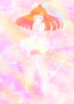  1girl barefoot closed_eyes commentary_request dress full_body glowing_dress hair_bun hair_ribbon henshin highres hirogaru_sky!_precure holding kyanos_(b_0000ff) light_particles long_hair multicolored_background nijigaoka_mashiro partial_commentary pink_hair precure ribbon short_dress single_hair_bun sky_mirage sleeveless sleeveless_dress solo sparkle standing white_ribbon wind wind_lift 