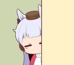  animal_ears bow brown_hat chibi closed_eyes ear_bow ear_covers facing_viewer gold_ship_(umamusume) gomashio_(goma_feet) green_background grey_hair hat horse_ears jacket long_hair mini_hat peeking_out purple_bow red_jacket simple_background track_jacket umamusume upper_body 