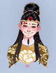  1boy bindi black_hair black_hat blood blood_on_face brown_eyes brown_hair chin_strap chinese_clothes closed_mouth cropped_shoulders dimple facial_mark flower gem gold grey_background hat head_tilt jin_guangyao long_hair looking_at_viewer male_focus modao_zushi paper_cutout_(medium) papercraft_(medium) portrait print_hair print_shirt red_gemstone shirt signature simple_background smile solo spoilers unconventional_media yellow_flower yellow_shirt yutaan 