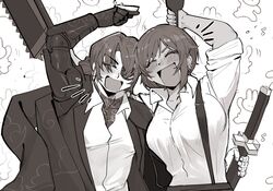  1boy 1girl :d absurdres animal_background arm_up arms_up blush bottle breasts closed_eyes collared_shirt commentary_request cup dark-skinned_female dark_skin earrings eyepatch fingernails gregor_(project_moon) greyscale highres holding holding_bottle holding_cup holding_sword holding_weapon jacket jewelry limbus_company monochrome okazu1324343 outis_(project_moon) project_moon prosthesis prosthetic_arm sakazuki saw saw_cleaver sheath sheathed shirt short_hair shout_lines simple_background smile suspenders sword upper_body weapon white_background 