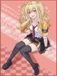  absurdres blonde_hair breasts highres hinata_mizuiro long_hair looking_at_viewer open_mouth project_sekai red_eyes sitting skirt tenma_saki thigh-highs twintails v 