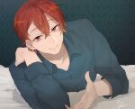  1boy aho_no_sakata beckoning blue_shirt closed_mouth collared_shirt earrings hair_behind_ear hair_between_eyes hassan_(sink916) indoors jewelry long_sleeves looking_at_viewer lying male_focus official_art on_bed on_stomach open_collar red_eyes redhead shirt short_hair single_earring smile solo upper_body urashimasakatasen utaite wallpaper_(object) 