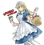  1girl 203wolves apron basket black_dress blonde_hair brown_eyes dated dress holding holding_basket long_hair maid maid_day maid_headdress signature simple_background solo tenjouin_asuka white_apron white_background yu-gi-oh! yu-gi-oh!_gx 