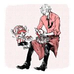  :3 antlers aple apron cigarette curly_eyebrows food fruit hat holding holding_food holding_fruit holding_knife horns invisible_chair itowo_(itowc) knife monochrome mouth_hold necktie one_piece pants peeling red_theme sanji_(one_piece) shirt short_hair sitting smile tony_tony_chopper 