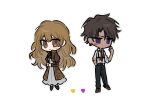  1boy 1girl ascot blush_stickers brown_dress brown_eyes brown_hair catherine_(project_moon) chibi commentary curly_hair dark-skinned_male dark_skin dress frilled_dress frilled_sleeves frills full_body hand_in_pocket heart heathcliff_(project_moon) highres limbus_company long_hair necktie orange_hair own_hands_together parted_lips project_moon red_necktie scar scar_on_arm scratching_cheek short_hair slugrab smile symbol-only_commentary violet_eyes white_background 