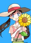 1girl blue_background blue_eyes brown_hair closed_mouth eyelashes flower fujishima_moyu green_skirt hat highres holding holding_flower lace_shirt long_hair looking_at_viewer original red_tank_top signature skirt smile solo straw_hat sun_hat sunflower tank_top twintails very_long_hair yellow_flower