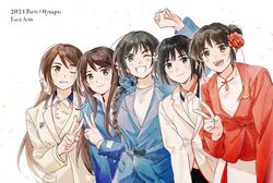  5girls axis_powers_hetalia black_hair blush braid braided_ponytail brown_eyes brown_hair china_(hetalia) closed_mouth double_bun english_text flower genderswap genderswap_(mtf) hair_bun hair_flower hair_ornament highres jacket japan_(hetalia) korea_(hetalia) long_hair long_sleeves multiple_girls north_korea_(hetalia) one_eye_closed open_mouth shirt short_hair simple_background smile taiwan_(hetalia) tea_(candyfoxx) uniform upper_body v white_background 