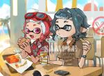  1boy 1girl blurry blurry_background brown_shirt burger closed_mouth collared_shirt commentary commission eyebrow_cut eyewear_on_head food food_on_face french_fries glasses grey_eyes grey_hair headphones headphones_around_neck highres holding holding_burger holding_food inkling inkling_boy inkling_girl inkling_player_character long_hair mcdonald&#039;s medium_hair miko_(15476997) open_mouth pink_eyes pointy_ears print_shirt red-framed_eyewear red_shirt redhead sample_watermark shirt smile splatoon_(series) tentacle_hair watermark 