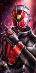  1boy armor belt black_gloves fire flame_style gem gloves highres jewelry kamen_rider kamen_rider_wizard kamen_rider_wizard_(series) male_focus mask masukudo_(hamamoto_hikaru) red_armor red_gemstone ring solo tailcoat tokusatsu wizard wizardriver 