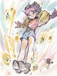 1girl 2024 black_hair blue_shorts full_body highres jacket jubilee marvel outstretched_arms peach_momoko pink_shirt shirt short_shorts shorts signature solo star_(symbol) sunglasses violet_eyes x-men yellow_jacket 
