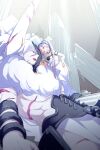  1boy 1girl asterios_(fate) bare_shoulders breasts broken_horn closed_eyes collarbone colored_skin dress echo_(circa) euryale_(fate) fate/hollow_ataraxia fate_(series) frilled_hairband frills hairband horns long_hair open_mouth parted_bangs pillar purple_hair scar sidelocks size_difference small_breasts smile twintails very_long_hair violet_eyes white_dress white_hair white_skin 