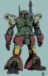  absurdres boba_fett clenched_hand fusion glowing glowing_eye green_background gundam highres looking_at_viewer mecha mecha_focus mobile_suit mobile_suit_gundam okli one-eyed robot simple_background solo star_wars violet_eyes zaku_ii 