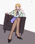  1girl blonde_hair chair collared_shirt crossed_legs diamond_wa_kudakenai elbow_rest genderswap genderswap_(mtf) grin high_heels jojo_no_kimyou_na_bouken long_hair low_ponytail neckerchief office_lady pantyhose parted_bangs pencil_skirt sempon_(doppio_note) shirt sitting skirt smile solo striped_clothes striped_shirt violet_eyes 