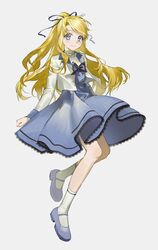  1girl bad_id bad_twitter_id blonde_hair blue_dress blue_eyes blush bow bowtie dress full_body highres jacket long_hair looking_at_viewer mary_janes original paldu ponytail shoes smile socks solo 