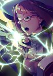  1girl breasts bridal_gauntlets diagonal_bangs fire_emblem fire_emblem_awakening glasses hair_tubes hat highres large_breasts lightning looking_to_the_side magic miriel_(fire_emblem) o-ring open_mouth red-framed_eyewear redhead solo tsujii_luki witch_hat 
