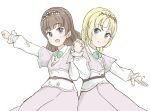  2girls :d blonde_hair blue_eyes bow bowtie brown_hair clenched_hand closed_mouth commentary_request dress fujishima_megumi green_bow green_bowtie grey_dress hairband highres holding_hands interlocked_fingers layered_sleeves link!_like!_love_live! long_hair long_sleeves looking_at_viewer love_live! low_twintails milk_(love_live!) mira-cra_park! multiple_girls official_alternate_costume official_alternate_hairstyle open_hand open_mouth osawa_rurino parted_bangs short_over_long_sleeves short_sleeves simple_background smile split_mouth tazaki_masanobu twintails upper_body violet_eyes virtual_youtuber white_background white_hairband white_sleeves 