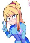  1girl absurdres artist_name bbycheese blonde_hair blue_bodysuit blue_eyes blush bodysuit breasts cropped_arms cropped_torso highres long_hair medium_breasts metroid ponytail samus_aran simple_background skin_tight solo upper_body v white_background zero_suit 