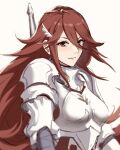 1girl armor bikini_boody breasts closed_mouth cordelia_(fire_emblem) english_commentary fire_emblem fire_emblem_awakening hair_between_eyes hair_ornament highres long_hair looking_at_viewer medium_breasts red_eyes redhead simple_background smile solo upper_body very_long_hair white_background wing_hair_ornament 