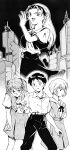 1boy 3girls arm_up ayanami_rei building choppy_bangs clenched_hand closed_mouth cross cross_earrings earrings greyscale hair_between_eyes hair_ornament hairband hand_on_own_hip hand_up highres ikari_shinji interface_headset jewelry long_hair marie_vincennes monochrome multiple_girls neck_ribbon neon_genesis_evangelion non-web_source official_art open_mouth ribbon school_uniform shirt short_hair short_sleeves skirt smile souryuu_asuka_langley suspender_skirt suspenders sweatdrop the_nerv_white_paper tokyo-3_middle_school_uniform two_side_up 