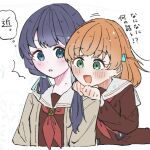  2girls :d :o ^^^ behind_another blue_eyes blue_hair blue_ribbon blush brown_cardigan brown_dress cardigan commentary crossed_bangs dark_blue_hair dress green_eyes hair_ornament hair_ribbon hands_on_shoulder hasu_no_sora_school_uniform head_on_another&#039;s_shoulder hinoshita_kaho link!_like!_love_live! long_hair long_sleeves looking_at_another love_live! low_twintails medium_hair mole mole_on_neck multiple_girls murano_sayaka neckerchief open_cardigan open_clothes open_mouth orange_hair rabbit_hair_ornament red_neckerchief riarii_(h3c_ms_zzz3) ribbon sailor_collar sailor_dress school_uniform simple_background smile thought_bubble translation_request twintails virtual_youtuber white_background white_sailor_collar winter_uniform 