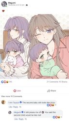  4girls ;) baby_carry blush brown_hair carrying closed_mouth collared_dress collared_shirt commentary dress english_commentary english_text facebook frilled_shirt_collar frills fujishima_megumi green_eyes hair_down half-closed_eyes heart_emoji hugging_doll hugging_object if_they_mated ips_cells link!_like!_love_live! long_hair long_sleeves looking_at_viewer love_live! mixed-language_commentary multiple_girls one_eye_closed onesie otomune_kozue pajamas pink_pajamas purple_hair selfie shirt short_hair short_twintails sidelocks smile split_mouth stuffed_animal stuffed_rabbit stuffed_toy twintails two_side_up violet_eyes virtual_youtuber white_dress yuri zenma_trang 