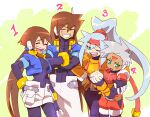  2boys 2girls aile_(mega_man_zx) android ashe_(mega_man) baozi belt black_bodysuit blue_hair blue_jacket blush bodysuit bodysuit_under_clothes breasts brown_hair closed_eyes cropped_jacket crossed_arms dark-skinned_male dark_skin facial_mark food forehead_mark green_eyes grey_(mega_man) grey_hair high_ponytail jacket kon_(kin219) light_blue_hair long_hair medium_breasts mega_man_(series) mega_man_zx mega_man_zx_advent multiple_boys multiple_girls nervous_smile no_pants one_eye_closed open_clothes open_jacket open_mouth orange_jacket orange_shirt pants ponytail red_shorts robot_ears scar scar_on_face shirt short_hair shorts sleeveless sleeveless_shirt smile spiky_hair teeth upper_teeth_only vent_(mega_man) white_pants white_shorts 