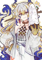  1girl :&gt; arknights bead_bracelet beads blonde_hair blue_eyes blue_hair blush bowl bracelet colored_skin commentary cowboy_shot dragon_girl dragon_horns dragon_tail earrings emphasis_lines grey_hair hair_ornament hair_stick hand_on_own_hip highres holding holding_bowl homriette horns jacket jewelry looking_at_viewer multicolored_hair necklace off_shoulder pants pointy_ears red_pupils rice shu_(arknights) sketch solo star_(symbol) strapless tail tassel tassel_earrings tube_top white_background white_jacket white_pants white_tube_top yellow_background yellow_skin 