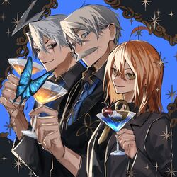  1girl 2boys ahoge bartender black_eyes black_vest blue_eyes blue_necktie bug butterfly cherry cocktail cocktail_glass collared_shirt cup drinking_glass eyeshadow facial_hair fate/grand_order fate_(series) food fruit fujimaru_ritsuka_(female) grey_hair grey_shirt hair_between_eyes highres holding james_moriarty_(archer)_(fate) james_moriarty_(gray_collar)_(fate) james_moriarty_(ruler)_(fate) looking_at_viewer makeup mature_male multiple_boys mustache necktie official_alternate_costume old old_man orange_hair ou_syoku7 purple_eyeshadow shirt short_hair smile sparkle textless_version upper_body vest yellow_eyes yellow_necktie 