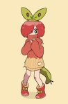  1girl absurdres applin boots commentary covered_mouth doodlelotl dot_nose full_body green_hairband hair_over_one_eye hairband highres personification pokemon red_footwear red_sweater redhead short_hair simple_background solo sweater symbol-only_commentary tail turtleneck turtleneck_sweater two-tone_sweater yellow_background yellow_sweater 