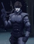  1boy black_gloves black_headband body_armor brown_hair cigarette clenched_hand commentary english_commentary gloves gun headband highres holding holding_gun holding_weapon metal_gear_(series) metal_gear_solid mlad serious smoke smoking snow snowing solid_snake solo suppressor titann upper_body weapon 