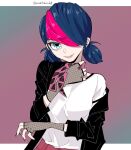  1girl black_gloves black_jacket blue_eyes blue_hair bodysuit gloves goth_fashion jacket looking_at_viewer marinette_dupain-cheng miracharink0 miraculous_ladybug open_clothes open_jacket pink_background shirt simple_background smile solo upper_body white_shirt 