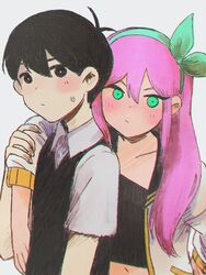  1boy 1girl absurdres arm_around_shoulder arm_at_side aubrey_(faraway)_(omori) aubrey_(omori) black_eyes black_hair black_shirt black_sweater_vest blush bow_hairband chromatic_aberration closed_mouth collarbone collared_shirt crop_top cropped_shirt double-parted_bangs green_eyes green_hairband grey_background hair_behind_ear hair_between_eyes hairband hand_on_another&#039;s_arm highres jacket juvenile kokomi_(aniesuakkaman) long_hair long_sleeves looking_at_viewer navel omocat_(style) omori pink_hair shirt short_hair short_sleeves simple_background sunny_(omori) sweatdrop sweater_vest teenage tomboy upper_body white_jacket white_shirt young 