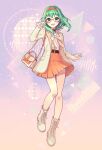  1girl :d a.i._voice bag black_choker blush boots bow brown_bow choker commentary_request cross-laced_footwear frilled_sleeves frills full_body glasses green_eyes green_hair gumi gumi_(a.i._voice) hairband hand_up handbag highres jacket lace-up_boots looking_at_viewer nou_(nounknown) open_clothes open_jacket orange_hairband orange_skirt plaid plaid_bow pleated_skirt red-framed_eyewear semi-rimless_eyewear shirt shoulder_bag skirt smile solo sweater_vest teeth under-rim_eyewear upper_teeth_only vocaloid white_footwear white_jacket white_shirt 