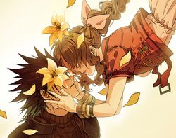  1boy 1girl aerith_gainsborough armor bangle black_hair blue_eyes bracelet braid braided_ponytail brown_hair commentary_request couple dress falling_petals final_fantasy final_fantasy_vii final_fantasy_vii_ever_crisis final_fantasy_vii_rebirth final_fantasy_vii_remake floating flower from_side gradient_background hair_ribbon hands_on_another&#039;s_cheeks hands_on_another&#039;s_face huosheanng jacket jewelry long_hair looking_at_another looking_up parted_bangs parted_lips petals pink_dress pink_ribbon portrait red_jacket ribbed_sweater ribbon shoulder_armor sleeveless sleeveless_turtleneck spiky_hair sweater tears turtleneck turtleneck_sweater yellow_flower yellow_petals zack_fair 