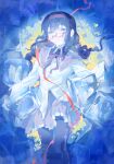  1girl abstract_background akemi_homura black_hair black_pantyhose blue_background bow bowtie braid capelet chinese_commentary collared_capelet commentary_request expressionless feet_out_of_frame glasses hairband highres ice ice_cube jacket long_hair long_sleeves looking_at_viewer mahou_shoujo_madoka_magica mahou_shoujo_madoka_magica_(anime) pantyhose parted_lips purple_bow purple_bowtie purple_capelet purple_skirt red-framed_eyewear red_hairband red_ribbon ribbon semi-rimless_eyewear skirt solo twin_braids under-rim_eyewear violet_eyes white_jacket willow_(yinling412) 