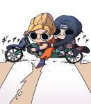  &gt;:) 2boys :3 akira_(manga) akira_slide black_eyes black_hair blonde_hair chibi dougi dragon_ball forehead_protector fortnite highres long_coat miyan_(oceanmaiden) motor_vehicle motorcycle multiple_boys naruto_(series) riding son_goku uchiha_itachi v-shaped_eyebrows 