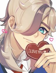  1boy 402uma arven_(pokemon) blue_eyes blue_vest blush brown_hair candy chocolate close-up collared_shirt english_text fingernails food hand_up heart heart-shaped_chocolate highres holding holding_chocolate holding_food light_brown_hair medium_hair multicolored_hair naranja_academy_school_uniform necktie orange_necktie parted_lips pokemon pokemon_sv school_uniform shirt smile two-tone_hair vest white_shirt 