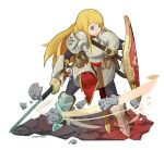  absurdres armor armored_boots armored_gloves blonde_hair blue_eyes boots full_body gloves highres holding holding_shield holding_sword holding_weapon long_hair looking_to_the_side paladin_(sekaiju) paladin_2_(sekaiju) pantyhose rock sekaiju_no_meikyuu sekaiju_no_meikyuu_1 shield solo supergamefreako sword weapon white_background 