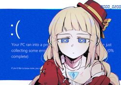  1girl an_sin blonde_hair blue_background blue_eyes blue_screen_of_death expressionless hat highres long_hair looking_at_viewer mahou_shoujo_ni_akogarete porkpie_hat roboko_(mahou_shoujo_ni_akogarete) robot_girl simple_background solo torn_clothes upper_body 