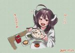  1girl :d ahoge bowl brown_eyes brown_hair chopsticks dated food food_request from_above green_background hair_between_eyes headgear holding holding_bowl holding_chopsticks japanese_clothes kimono lamb_(hitsujiniku) long_sleeves looking_at_viewer looking_up plate smile solo table touhoku_kiritan translation_request twintails upper_body voiceroid white_kimono wide_sleeves 