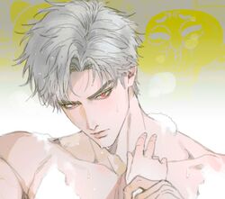  1boy collarbone disembodied_hand grey_hair lips looking_at_viewer love_and_deepspace male_focus onegingek red_eyes short_hair solo solo_focus sylus_(love_and_deepspace) topless_male wet wet_hair 