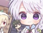  2girls 9-nine- :3 black_hair blonde_hair blush bow braid character_doll chibi chibi_only closed_mouth commentary expressionless eyes_visible_through_hair ghost_(9-nine-) green_bow grey_eyes grey_hair hair_between_eyes hair_bow hair_over_one_eye highres hood hood_up hooded_jacket indoors jacket long_hair looking_at_viewer multiple_girls niimi_kakeru niimi_sora pink_ribbon red_eyes ribbon school_uniform short_hair single_braid smile solo_focus symbol-only_commentary utuigawa violet_eyes white_jacket 