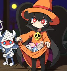  1girl ashley_(warioware) big_hair black_cape black_hair black_pantyhose blush bright_pupils candy cape collared_cape dress food full_moon halloween halloween_costume hat holding holding_pitchfork lollipop moon mummy_costume night orange_dress orange_hat pantyhose pitchfork porch red_(warioware) red_eyes skirt_basket skull_brooch smile standing takamame trick_or_treat twintails warioware white_pupils witch witch_hat 