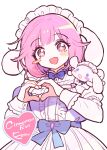  1girl absurdres animal_ears blush_stickers cinnamoroll dress highres jihecchi juliet_sleeves long_sleeves looking_at_viewer maid_headdress ootori_emu open_mouth pink_hair project_sekai puffy_sleeves rabbit_ears sanrio short_hair simple_background smile solo star-shaped_pupils star_(symbol) symbol-shaped_pupils upper_body white_background white_dress 