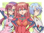  3girls :3 annoyed arms_behind_head artist_name ayanami_rei blue_eyes blue_hair blue_hairband bodysuit border breasts brown_hair closed_mouth commentary expressionless eyelashes glasses green_background green_eyes hair_between_eyes hairband hand_up hands_on_own_hips hashimo99187365 highres interface_headset long_hair looking_at_viewer makinami_mari_illustrious multiple_girls neon_genesis_evangelion open_mouth pilot_suit pink_bodysuit plugsuit purple_hair red-framed_eyewear red_bodysuit red_eyes short_hair simple_background small_breasts smile souryuu_asuka_langley twintails upper_body white_bodysuit white_border 